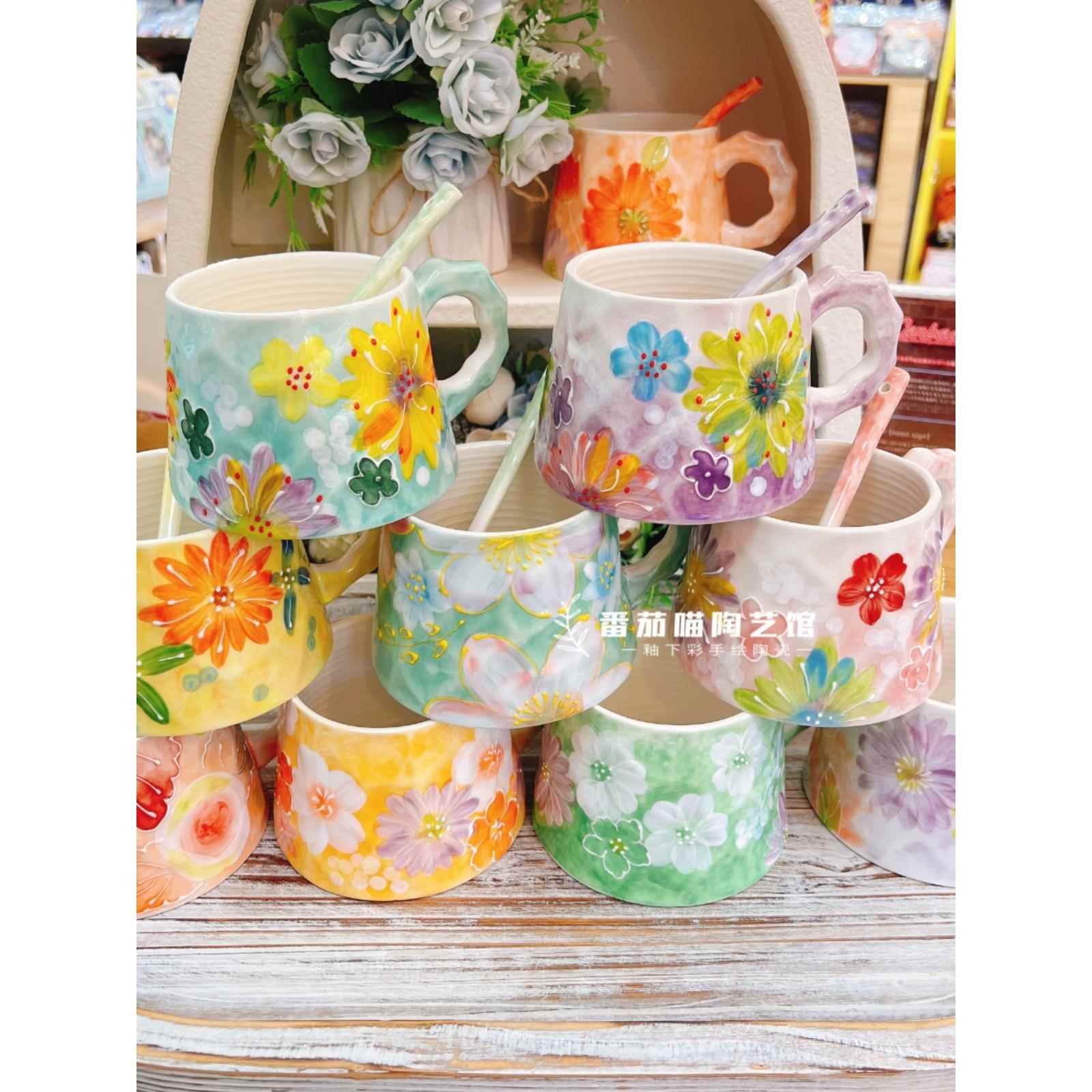 现货濑户烧新款竹杯大容量水杯果汁杯陶瓷釉下彩手绘杯茶杯早餐杯