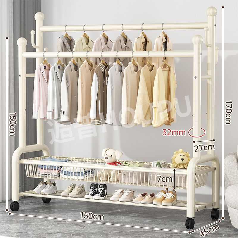 加厚厚多功能晾衣架卧室立式双排挂衣架加粗衣架落地衣帽架特轮带