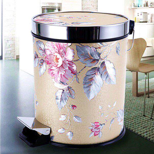 欧式创意带盖客厅厨房卫生间脚踏式不锈钢皮革墙纸大号垃圾桶