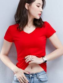 大红色纯棉v领t恤女士短袖修身显瘦夏季纯色体恤紧身上衣百搭