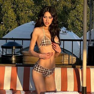 bikini with low lace waist and checkered tie Jenny neck
