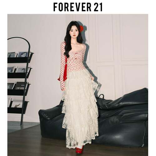 Forever21超好看杏色蕾丝高腰A字半身裙女法式绝美蓬蓬蛋糕长裙子