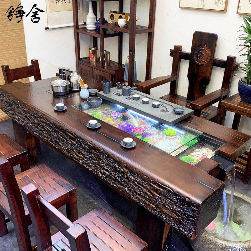 老新款铮舍单桌船木实木茶桌椅组合创意循环流水缸茶台一体泡茶几图片