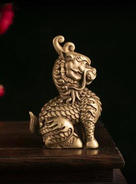 全铜神武麒麟饰品学习镇纸男柄件手提式盘玩桌装饰礼品