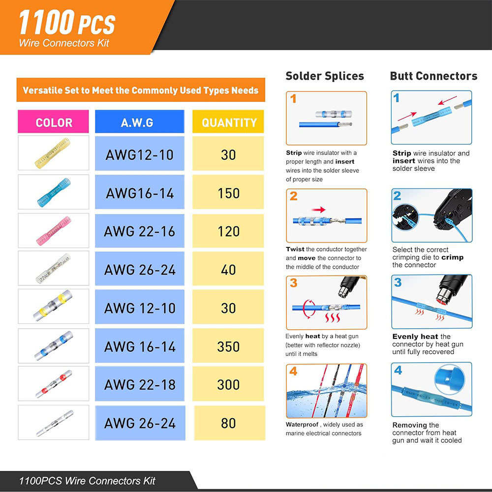 批发1100PCS盒装 26-10AWG焊锡环热缩防水密封接线端子连接器