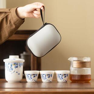 玻璃可携式 户外功夫茶杯泡茶壶 快客杯羊脂玉瓷旅行茶具随身包套装