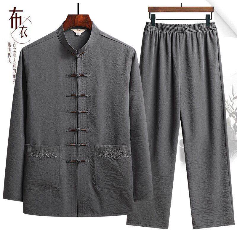 唐装男中老年爸爸夏装套装中国风爷爷装长袖夏季棉麻中式老人衣服