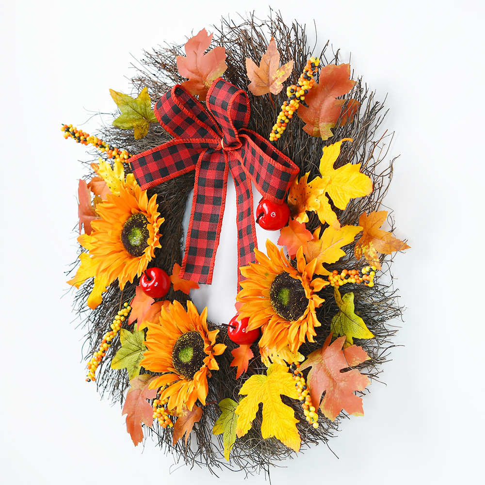 新款万圣节秋色花环仿真枫叶南瓜浆果门挂丰收节藤圈感恩节花圈