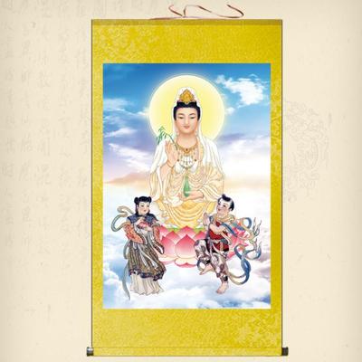 正品高清像观世萨音菩龙女善财童子画像娘挂画观音娘佛佛堂丝绸卷