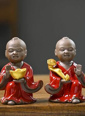 招财童子紫砂福娃宝宝吉祥如意招财进宝人物桌面客厅陶瓷摆饰送礼