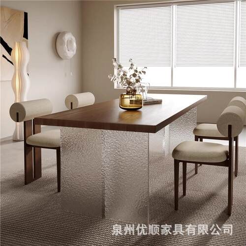 全实木餐桌家用简约现代客厅亚克力石头纹餐桌长条办公桌工作台