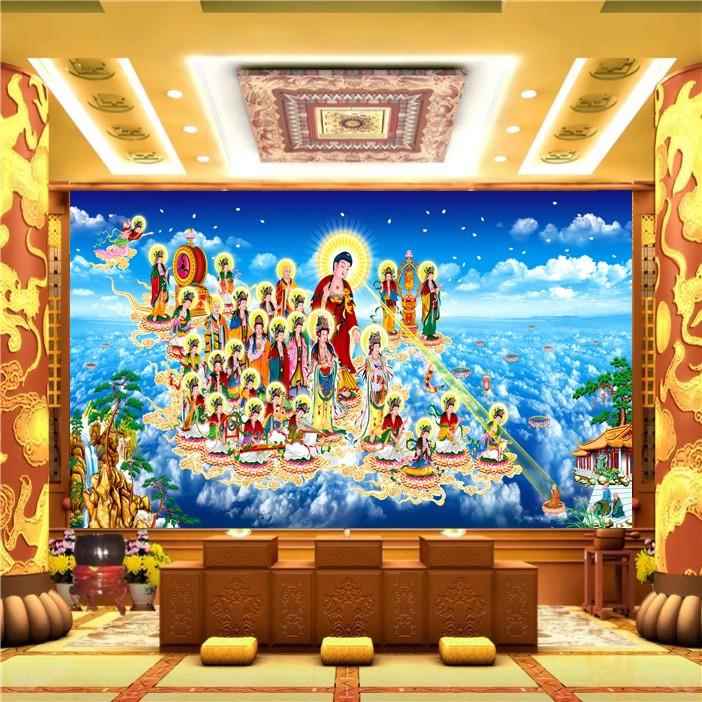 阿弥陀佛壁纸西方三圣背景布佛堂寺庙壁纸西方接引佛像壁画墙布