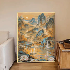 中国风山水数字油画diy填充填色手工绘江山图风景油彩画装饰挂画