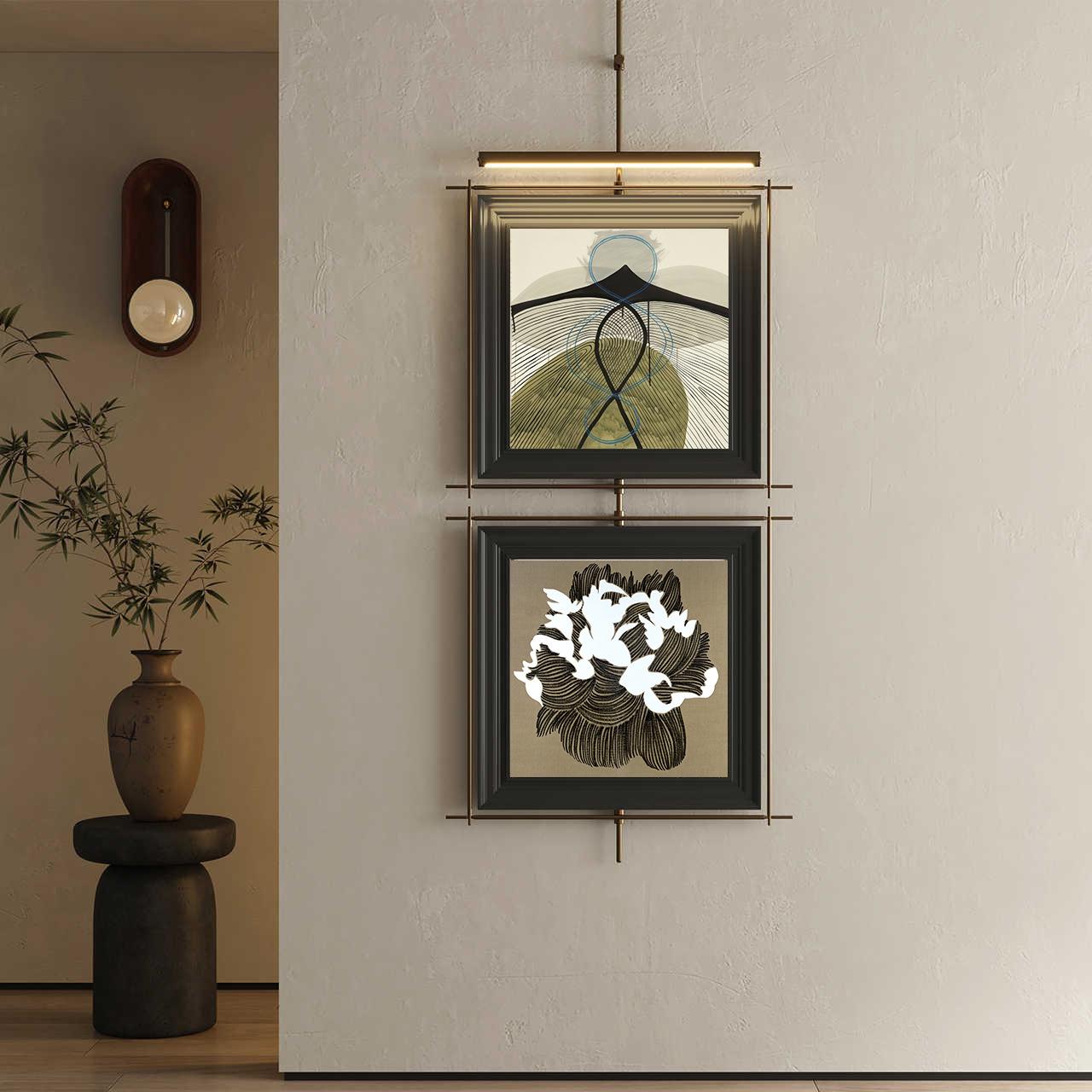 新款设计师灯光挂画现代吊杆装置画卧室别墅样板间客厅金属装饰画