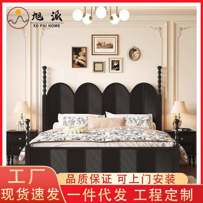 黑色轻奢美式双人床1.8米储物高箱1.5m雕花中古风法式复古实木床