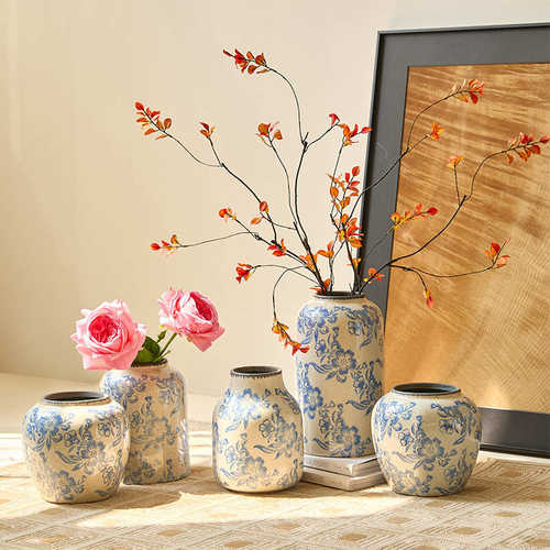 奢高级轻花瓶陶瓷青花瓷景德镇中式花瓶插花摆件感中古客厅复古
