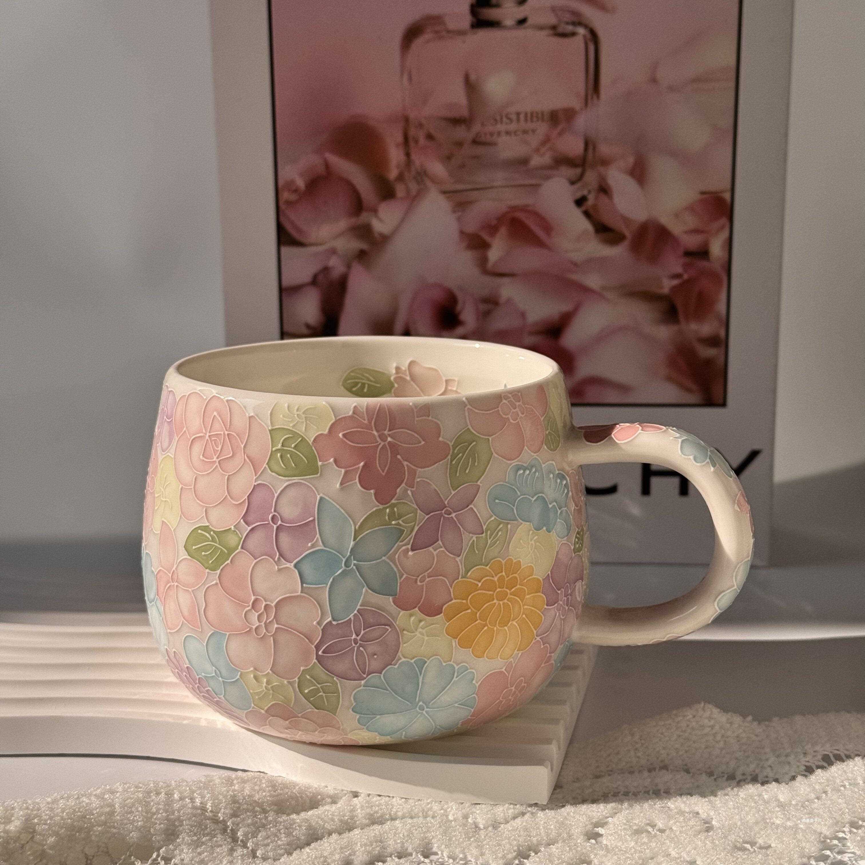 手绘陶瓷杯万花大肚杯高颜值马克杯女生家用办公咖啡杯景德镇水杯