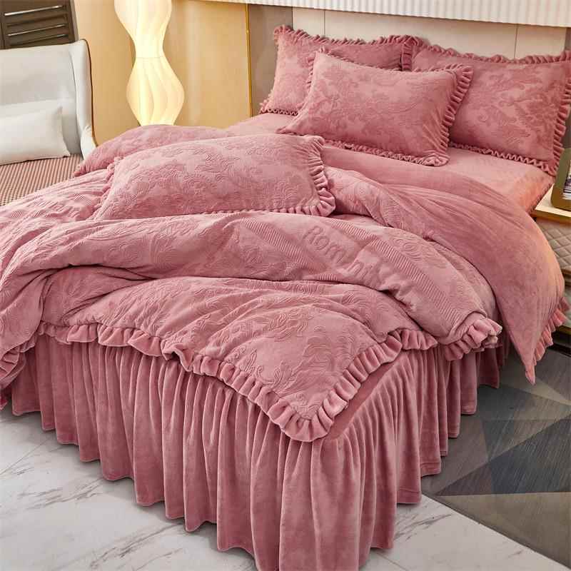 正品is冬5季法兰牛奶绒立体雕花.简约荷叶边床上四件套n珊瑚绒1.m