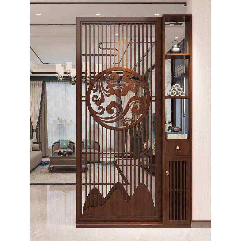 实木屏风隔断客厅2024新款入户玄关柜祥云雕刻木格栅山形进门批发