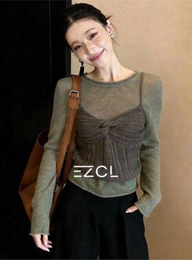 EZCL 休闲两件式绿色针织吊带上衣2026春秋设计感小众两件套毛衣