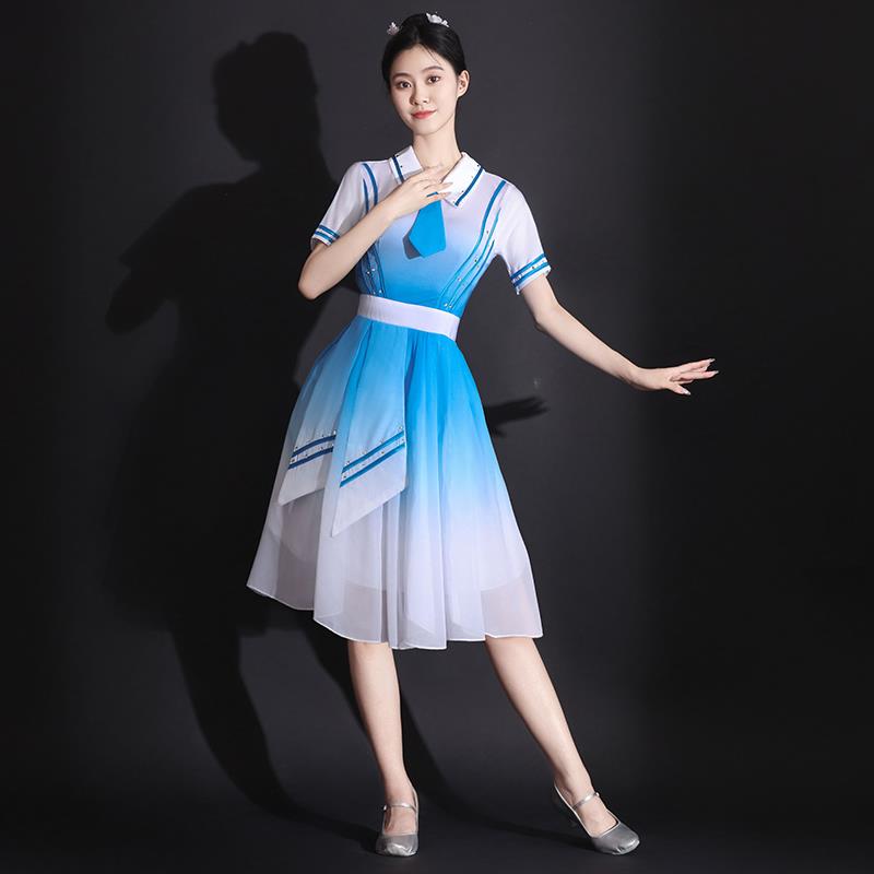 园时尚现代舞色女校风比赛开FND场舞演子讲朗诵洋装舞蹈蓝裙中国