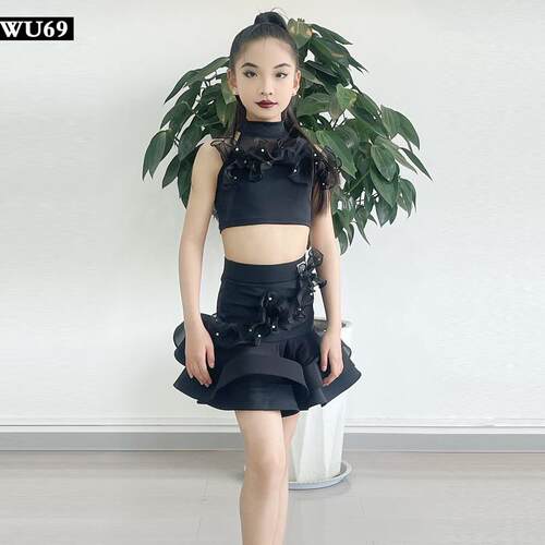 W69少儿拉丁舞服女童专业舞蹈裙儿童分体套装练功表演服夏季黑色