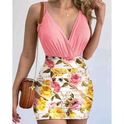 Women's tight fitting jumpsuit and floral printed skirt set