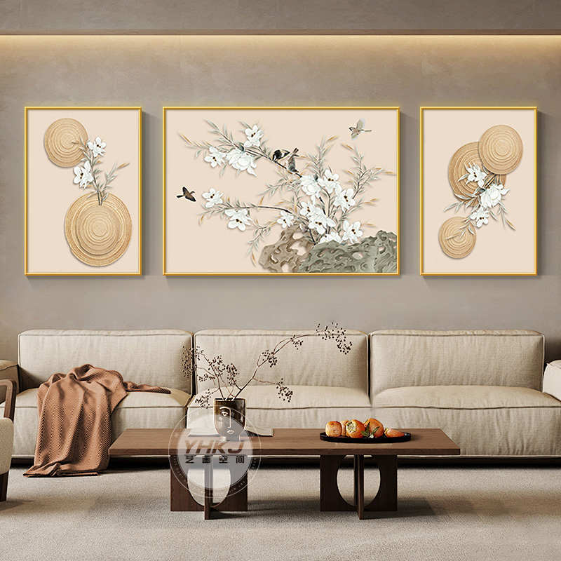 喜上眉梢客厅三联挂画新中式禅意花鸟装饰画茶室沙发后面背景壁画