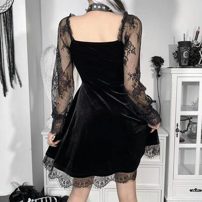 E-girlGrunge Gothic Black Mini Dress Lace Trim High Waist Bo