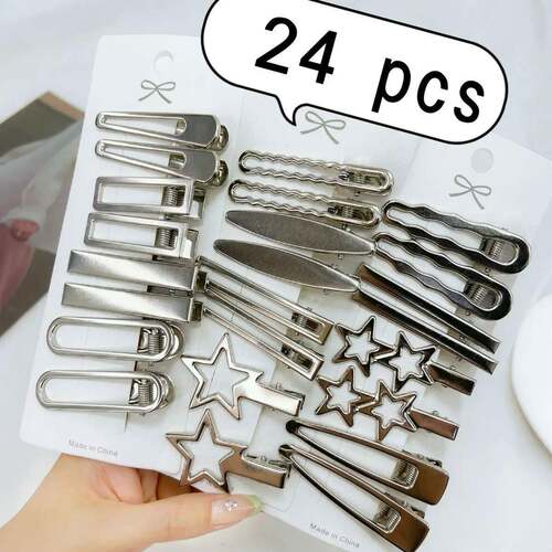 4/24Pcs Silver Y2k Hair Clips for Women Elegant Metal Duckbi