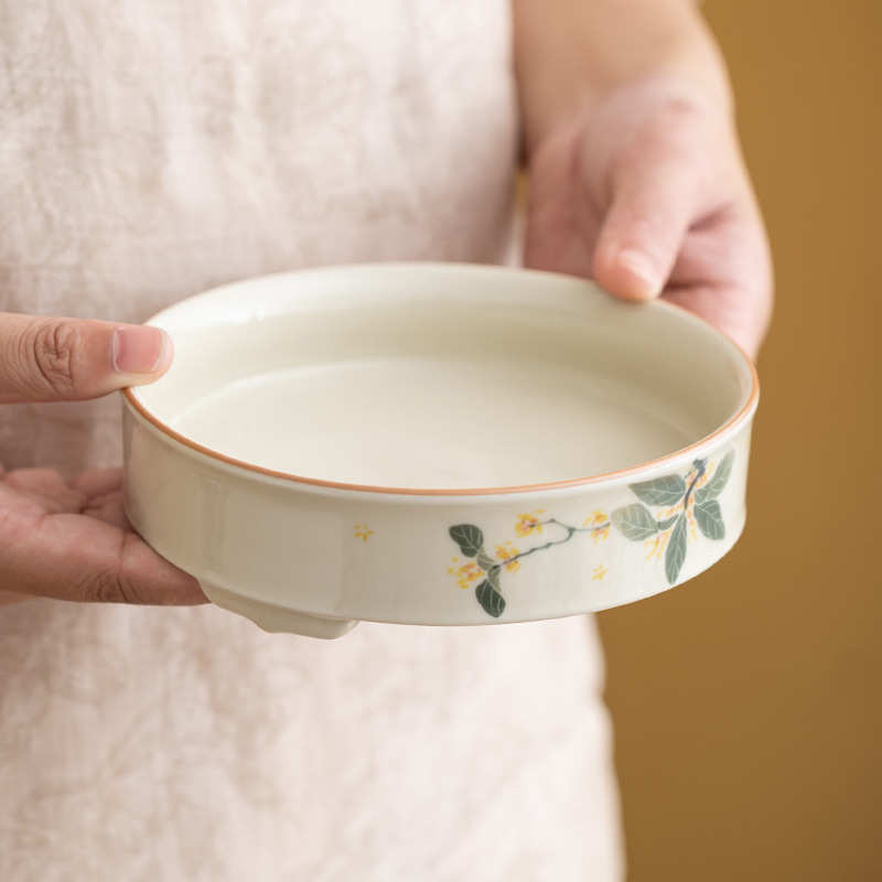 冰台三足手绘桂花壶承陶瓷储水圆形托盘家用干泡盘茶承茶壶盖碗