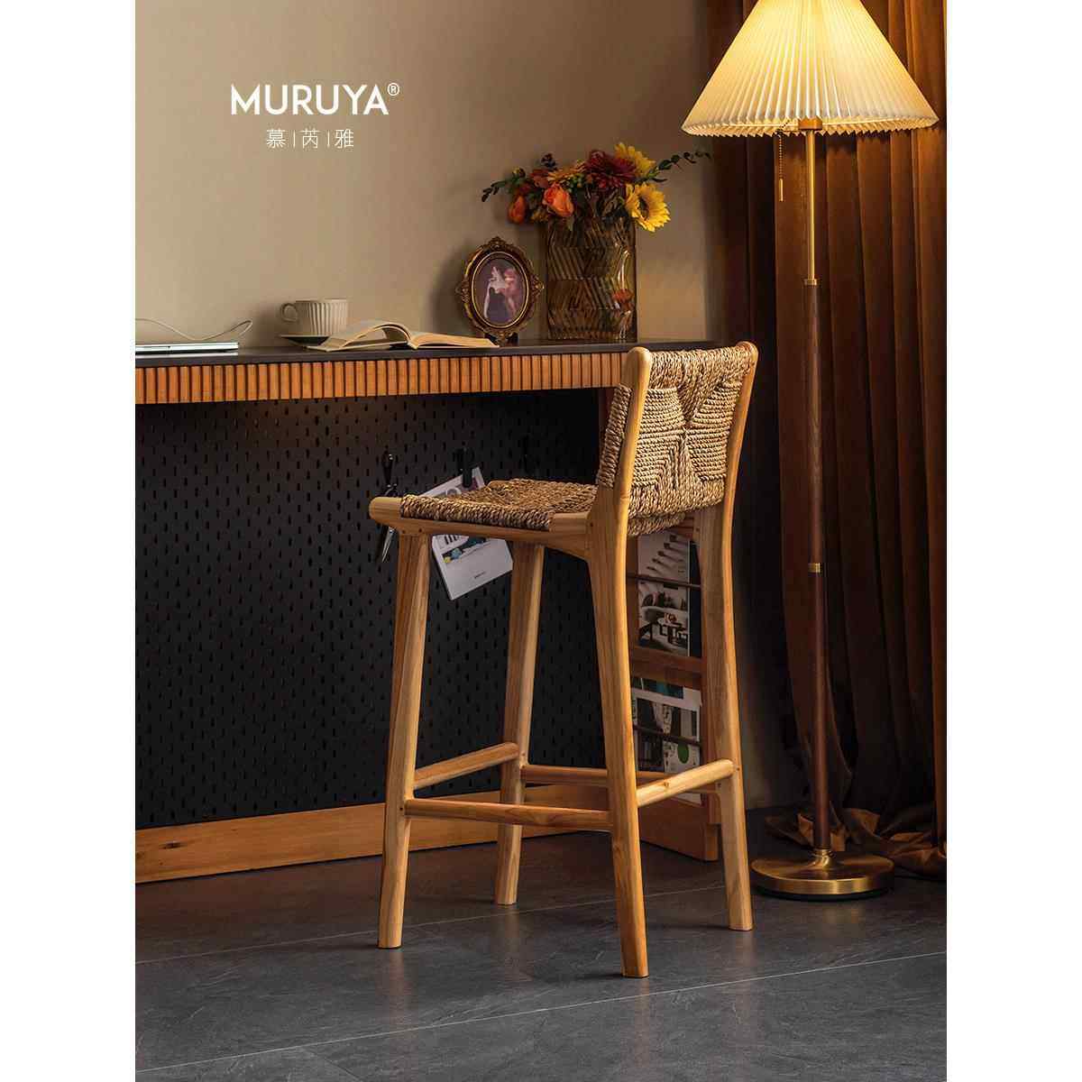 慕芮雅实木家用岛台餐椅民宿吧台椅设计师高脚椅藤编北欧复古凳,住宅家具,家用高脚椅,淘宝优惠券,粉丝福利购,淘宝优惠卷