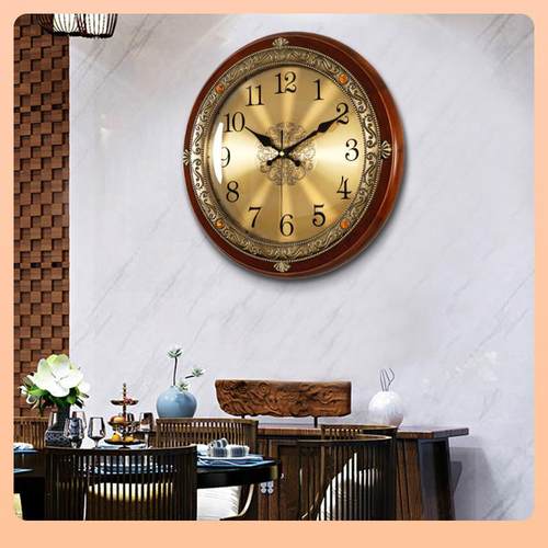 ?新中欧式圆形实木挂墙钟尚表式家用客厅轻奢时大气静F767T587餐