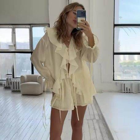 Women's Solid Ruffle Trim Blouse & Shorts Two-Piece Set