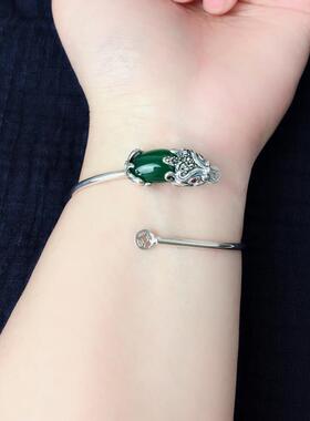 正品旦S925银手镯男纯女款复古宝石民族风石榴石貔貅元卖新年热礼