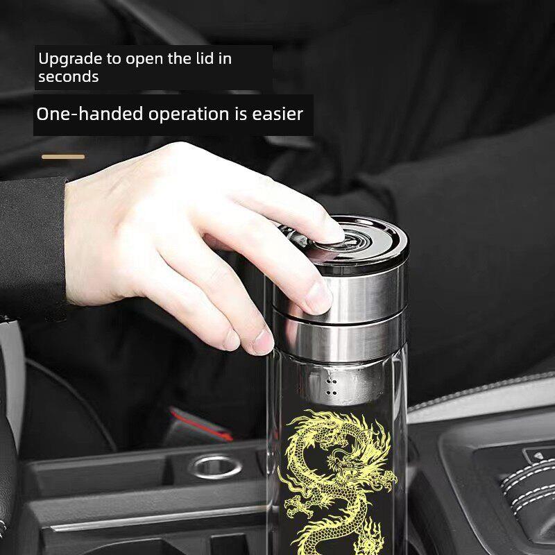 2024龙年水杯茶水分离双层玻璃杯水杯男士车载商务一键速开茶水杯
