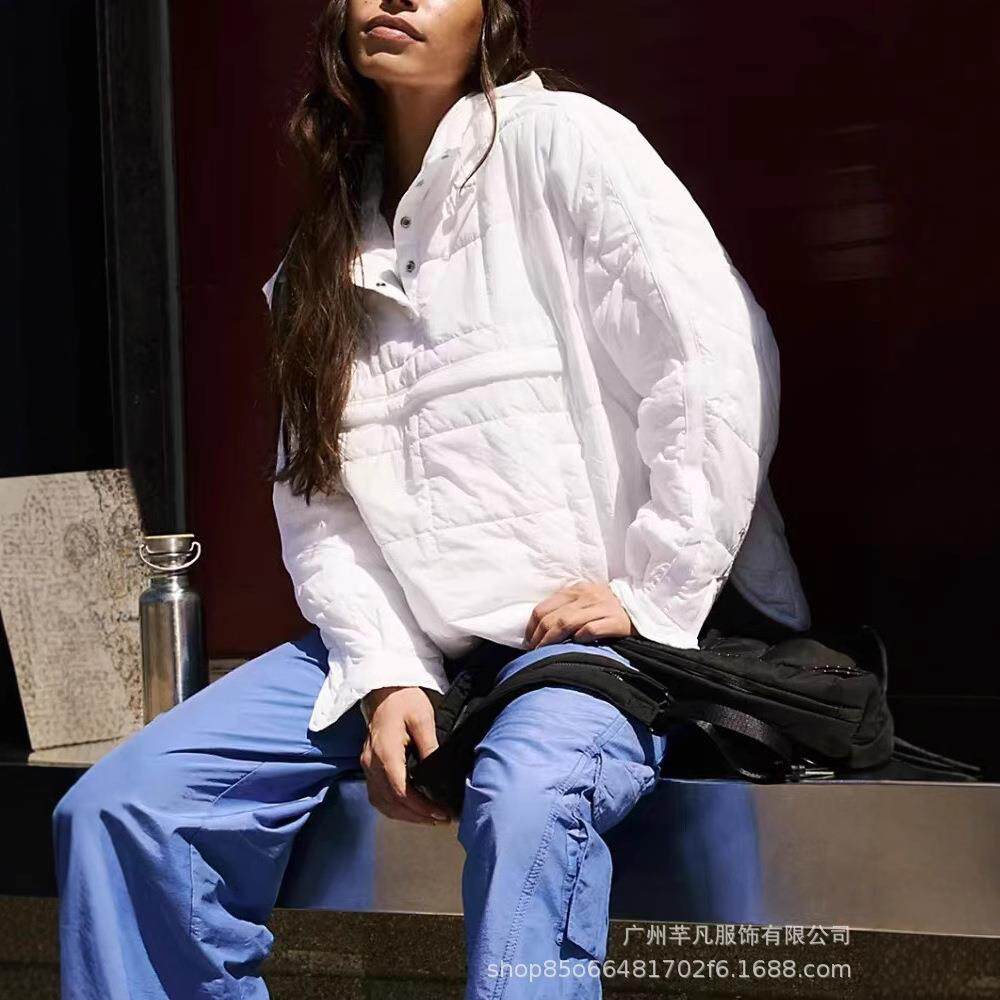 2024秋冬款纯色连帽棉服可折叠填充套头口袋长袖外套女
