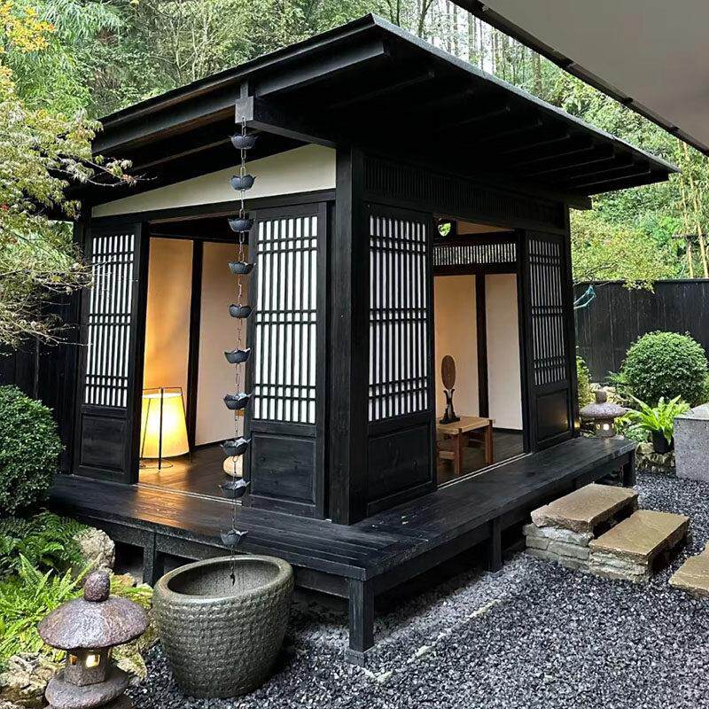 户外日式小木屋别墅民宿室外庭院茶室防腐木屋农村小院网红茅草屋