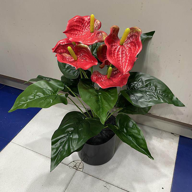 火鹤花花束塑胶材质仿真红花天南星科花烛花箱花盆装饰舞台布置掌