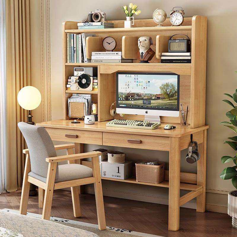 北欧实木电脑桌带书架一体式现代简约学生家用卧室书桌椅组合套装