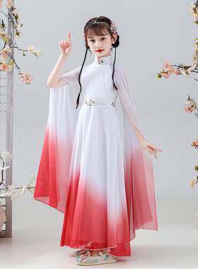 女童超仙汉服中国风女中大童古筝演出服仙女气质飘逸钢琴长裙礼服
