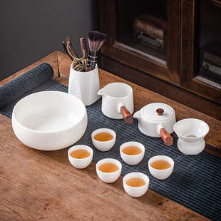家用客厅办公侧把泡茶壶德化白瓷盖碗茶杯 高档羊脂玉功夫茶具套装