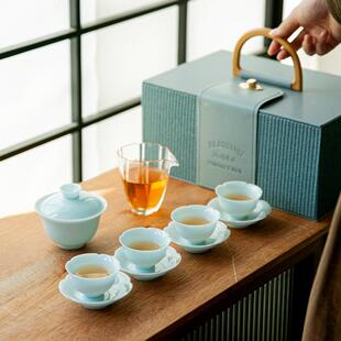 高端玉泥旅行茶具套装盖碗茶杯带杯垫陶瓷茶具户外便携式泡茶茶具