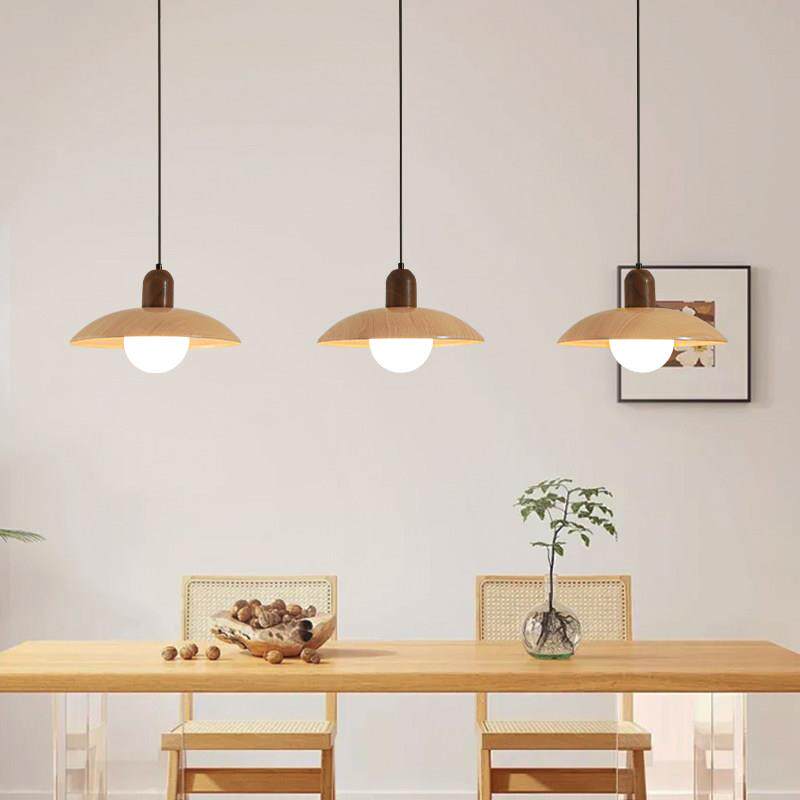新款原木风饭厅吊灯胡桃木色简约个性艺术飞盘3头餐桌吧台小吊灯