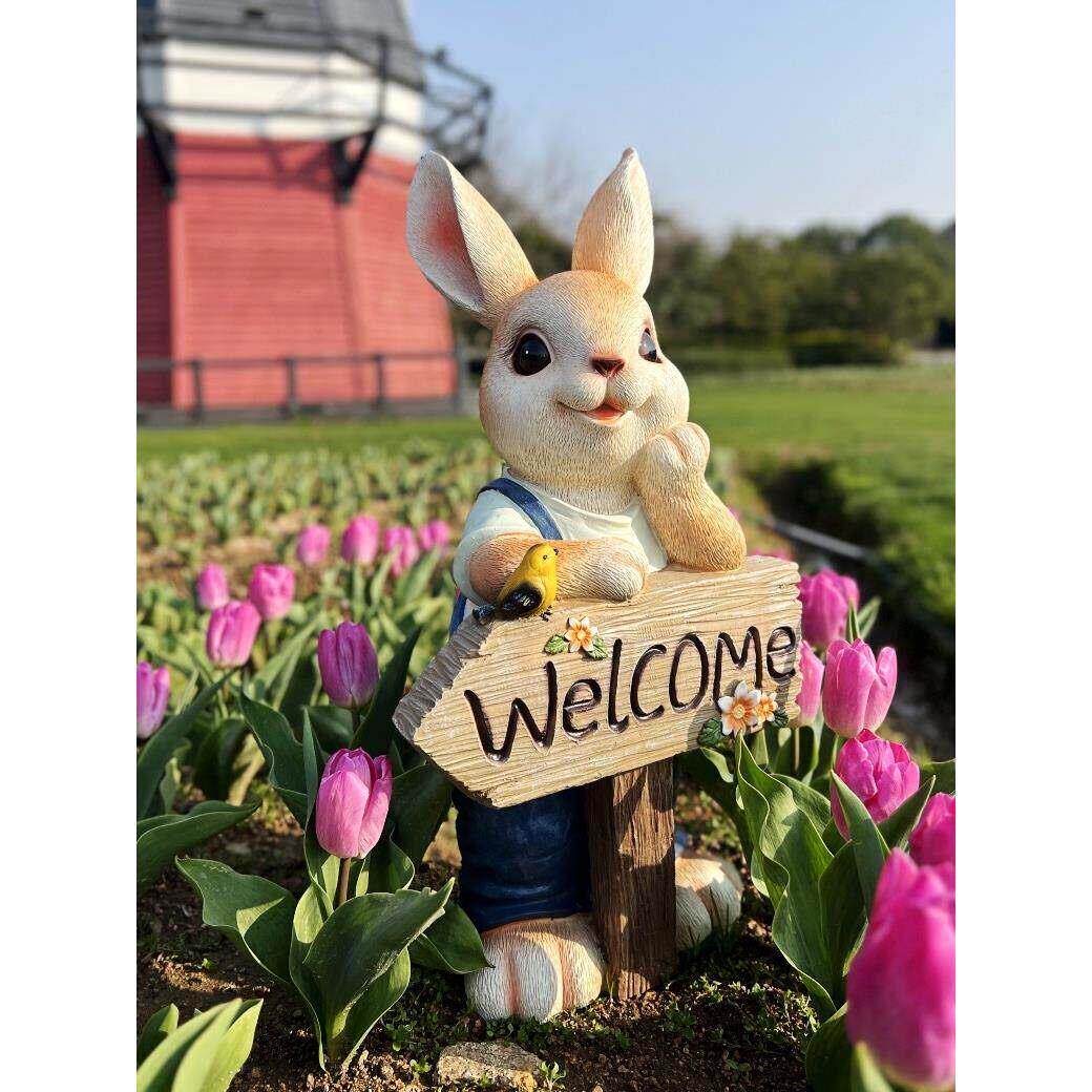 可爱兔子草坪摆件花园树脂动物入户花园装饰品幼儿园欢迎光临牌