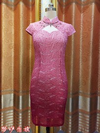 夏装蕾丝粉红色年轻时尚旗袍靓丽修身宴会礼服裙子