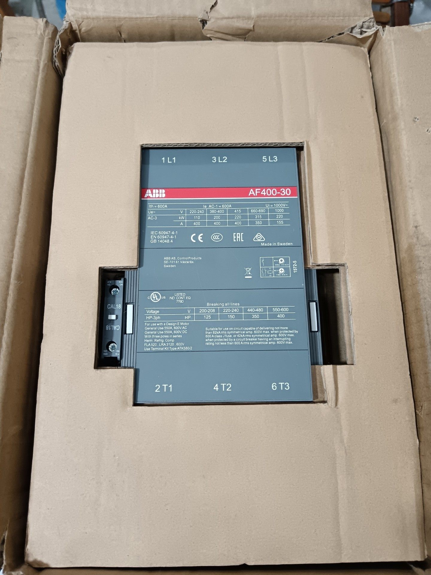 ABB接触器AF400一30全新带包装一台，原装正品货，图片