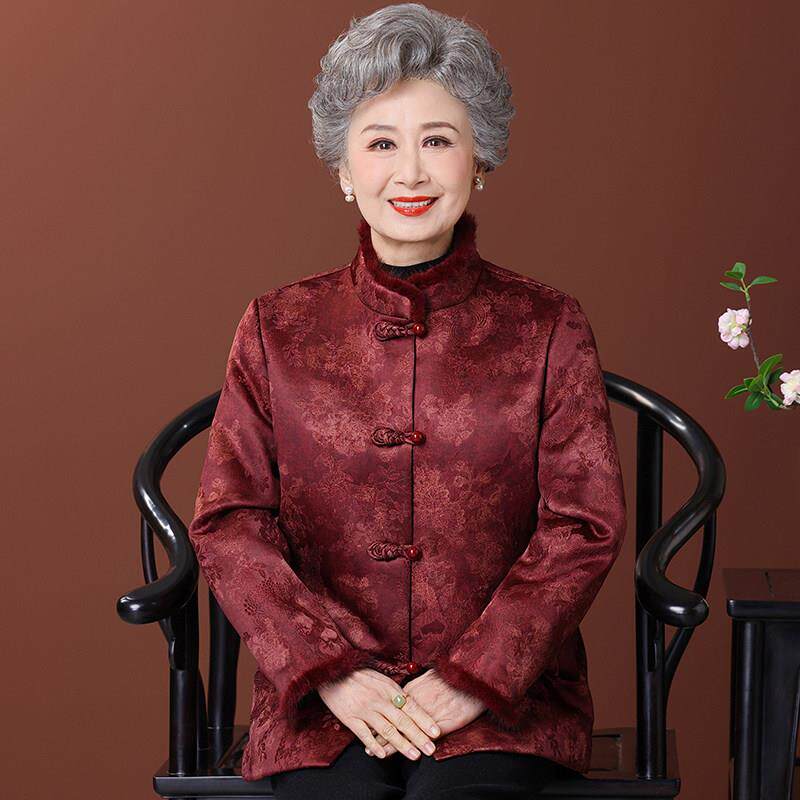 奶奶冬装加绒外套70岁80老人太太加厚保暖上衣女老年人真毛领大衣
