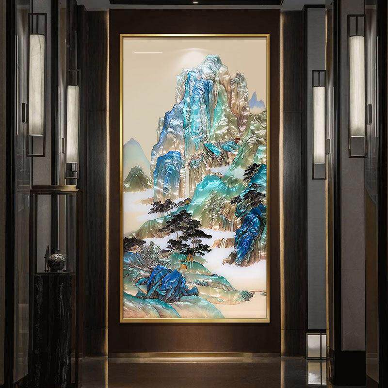 现代简约风格山水挂画适用玄关办公室 金属框钢化玻璃可定制壁画