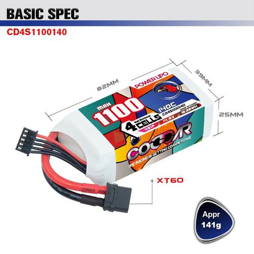 鹰氪CODDAR 1100MAH 4S 14.8V 140C化骨龙3.5寸怪象穿越机电池FPV